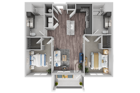 Floor plan for 2 beds, 2 baths, 1102 sqft